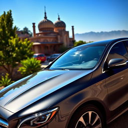 A sleek, modern luxury Benz student car parked in a scenic location in Iran, showcasing the vibrant culture and architecture of the region