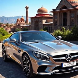 A sleek, modern luxury Benz student car parked in a scenic location in Iran, showcasing the vibrant culture and architecture of the region