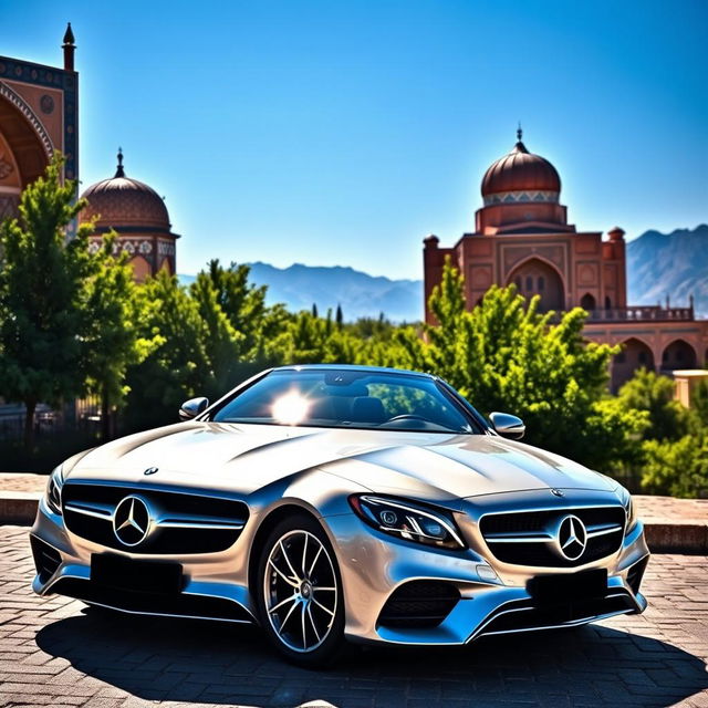 A sleek, modern luxury Benz student car parked in a scenic location in Iran, showcasing the vibrant culture and architecture of the region