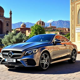 A sleek, modern luxury Benz student car parked in a scenic location in Iran, showcasing the vibrant culture and architecture of the region