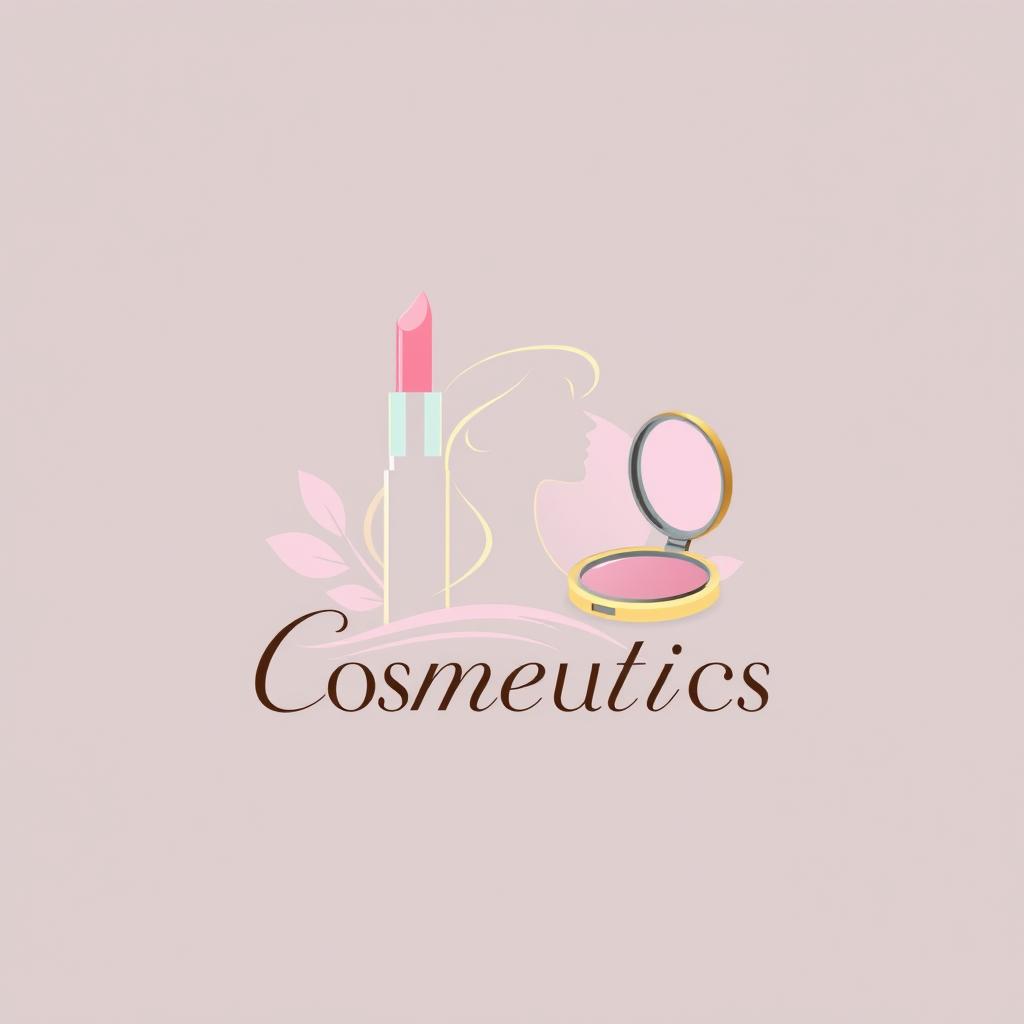 A sleek and modern logo design for a cosmetics brand, featuring a stylized representation of makeup products such as lipstick, mascara, and a compact mirror