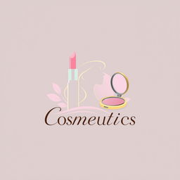 A sleek and modern logo design for a cosmetics brand, featuring a stylized representation of makeup products such as lipstick, mascara, and a compact mirror