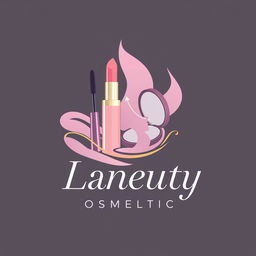 A sleek and modern logo design for a cosmetics brand, featuring a stylized representation of makeup products such as lipstick, mascara, and a compact mirror