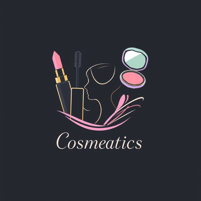 A sleek and modern logo design for a cosmetics brand, featuring a stylized representation of makeup products such as lipstick, mascara, and a compact mirror