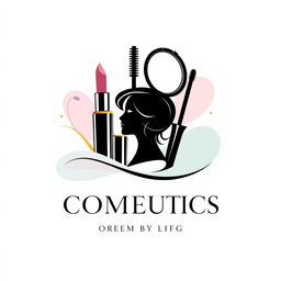 A sleek and modern logo design for a cosmetics brand, featuring a stylized representation of makeup products such as lipstick, mascara, and a compact mirror