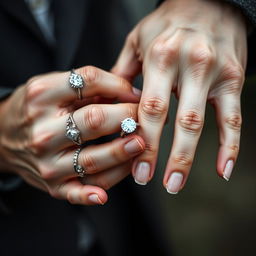 A close-up hand shot showing a woman's crystal-like hands delicately placing an engagement ring onto a man's normal hands