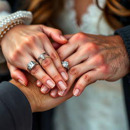 A close-up hand shot showing a woman's crystal-like hands delicately placing an engagement ring onto a man's normal hands