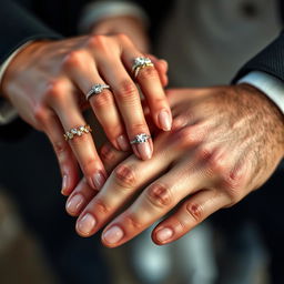 A close-up hand shot showing a woman's crystal-like hands delicately placing an engagement ring onto a man's normal hands