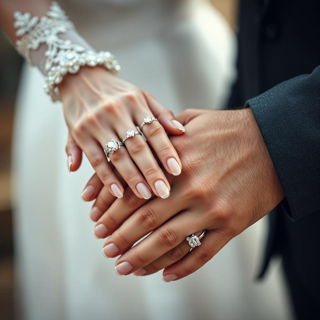 A close-up hand shot showing a woman's crystal-like hands delicately placing an engagement ring onto a man's normal hands