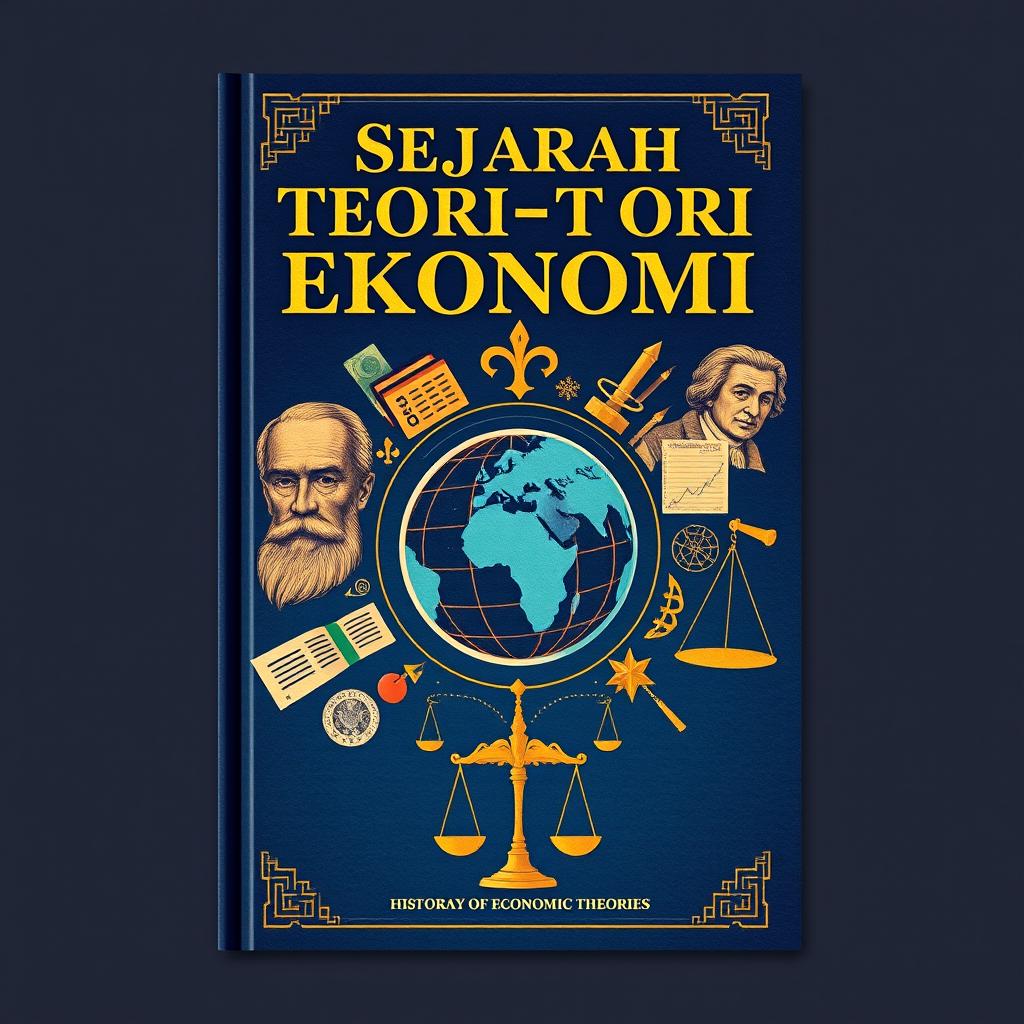 A captivating book cover design for 'Sejarah Teori-teori Ekonomi' (History of Economic Theories)