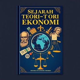 A captivating book cover design for 'Sejarah Teori-teori Ekonomi' (History of Economic Theories)