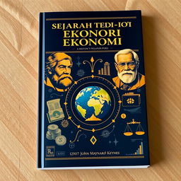 A captivating book cover design for 'Sejarah Teori-teori Ekonomi' (History of Economic Theories)