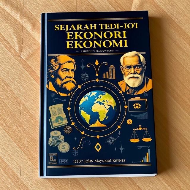 A captivating book cover design for 'Sejarah Teori-teori Ekonomi' (History of Economic Theories)