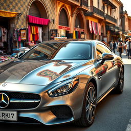 A sleek and modern Mercedes-Benz car parked in a vibrant city street in Iran, showcasing its luxurious design and elegance