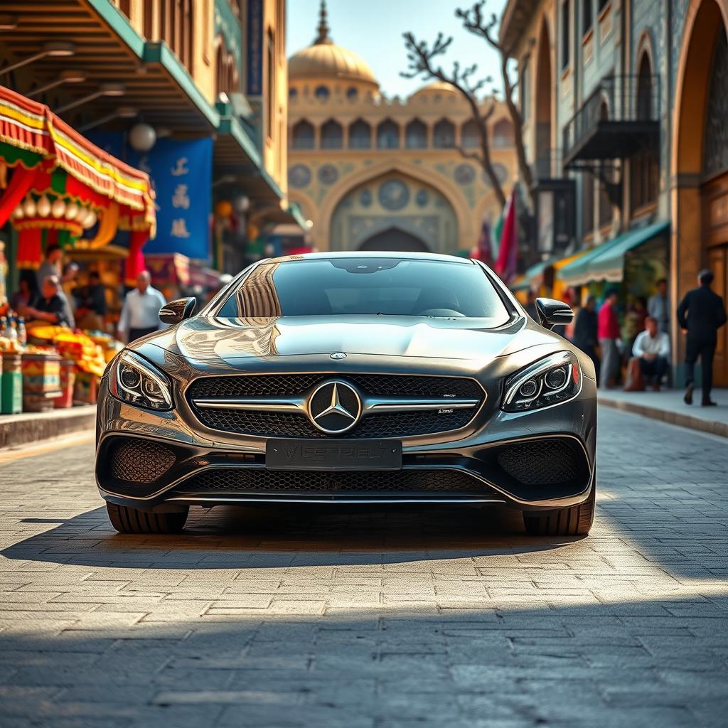 A sleek and modern Mercedes-Benz car parked in a vibrant city street in Iran, showcasing its luxurious design and elegance