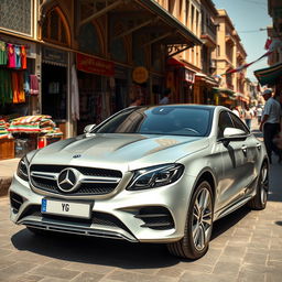 A sleek and modern Mercedes-Benz car parked in a vibrant city street in Iran, showcasing its luxurious design and elegance