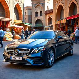 A sleek and modern Mercedes-Benz car parked in a vibrant city street in Iran, showcasing its luxurious design and elegance