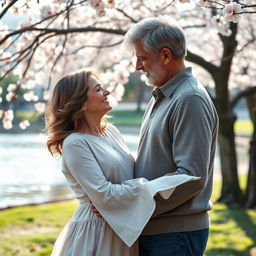 An emotional reunion scene between two middle-aged individuals in a picturesque park, showcasing heartfelt expressions of joy and nostalgia