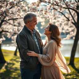 An emotional reunion scene between two middle-aged individuals in a picturesque park, showcasing heartfelt expressions of joy and nostalgia