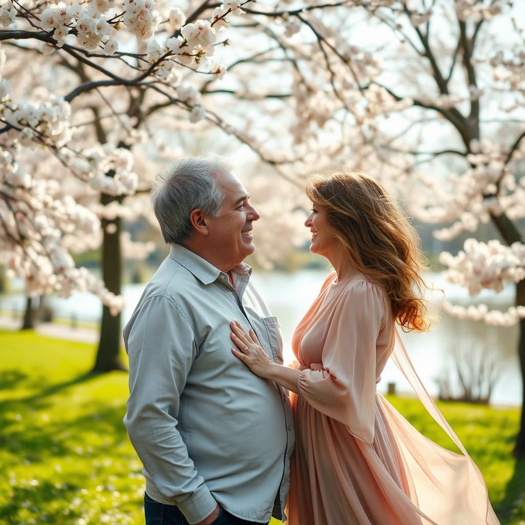 An emotional reunion scene between two middle-aged individuals in a picturesque park, showcasing heartfelt expressions of joy and nostalgia