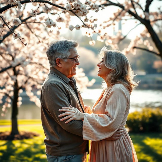 An emotional reunion scene between two middle-aged individuals in a picturesque park, showcasing heartfelt expressions of joy and nostalgia