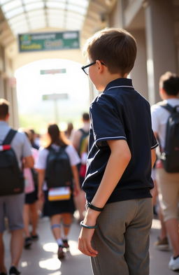 A young girl wearing glasses gazing at the back of a boy in a school uniform amidst a bustling crowd