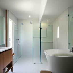 A clean, well-lit modern bathroom with gleaming white tiles, a sleek bathtub, a glass-enclosed shower, and upscale fixtures. Mirrors reflect the ambient light making the space look spacious and inviting.