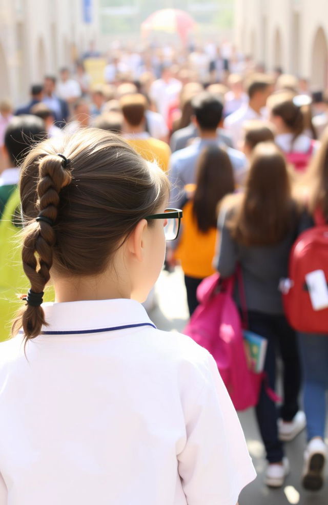 A young girl wearing glasses gazing at the back of a boy in a school uniform amidst a bustling crowd