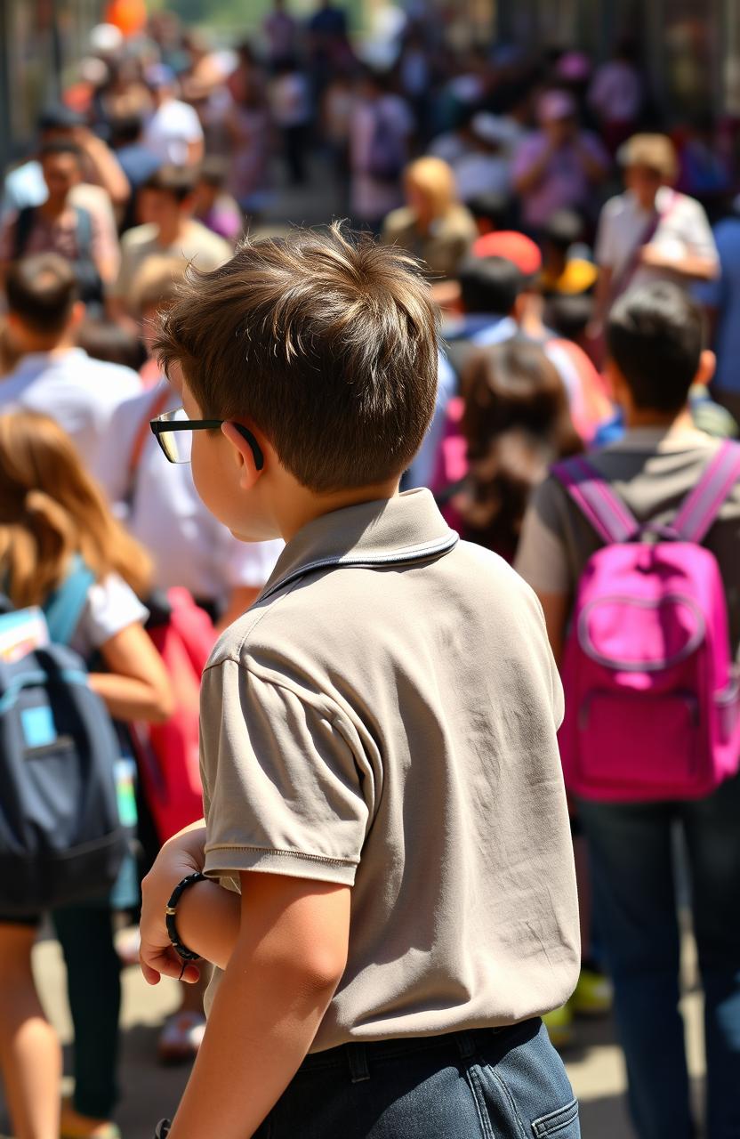 A young girl wearing glasses gazing at the back of a boy in a school uniform amidst a bustling crowd