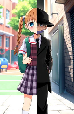 A girl split in half, with one side dressed as a schoolgirl complete with a plaid skirt and blouse, showcasing youthful innocence
