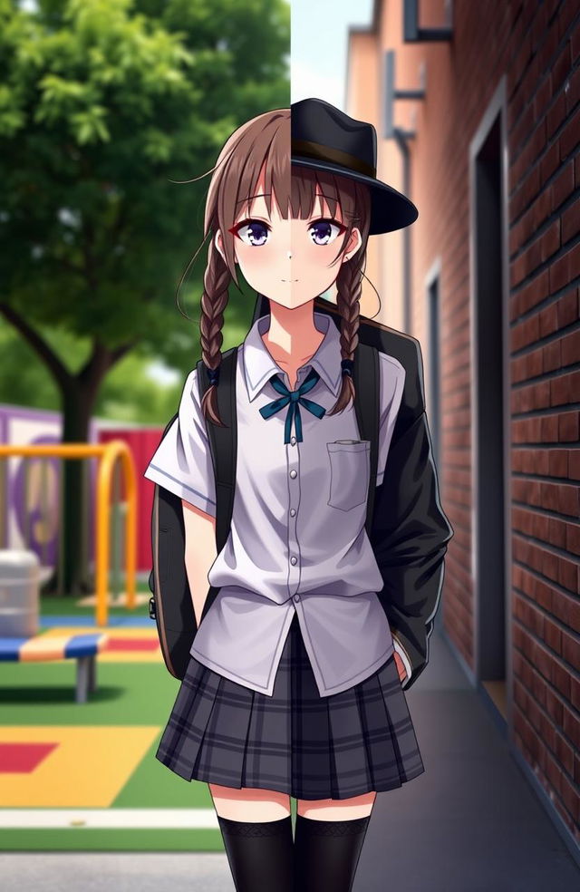 A girl split in half, with one side dressed as a schoolgirl complete with a plaid skirt and blouse, showcasing youthful innocence