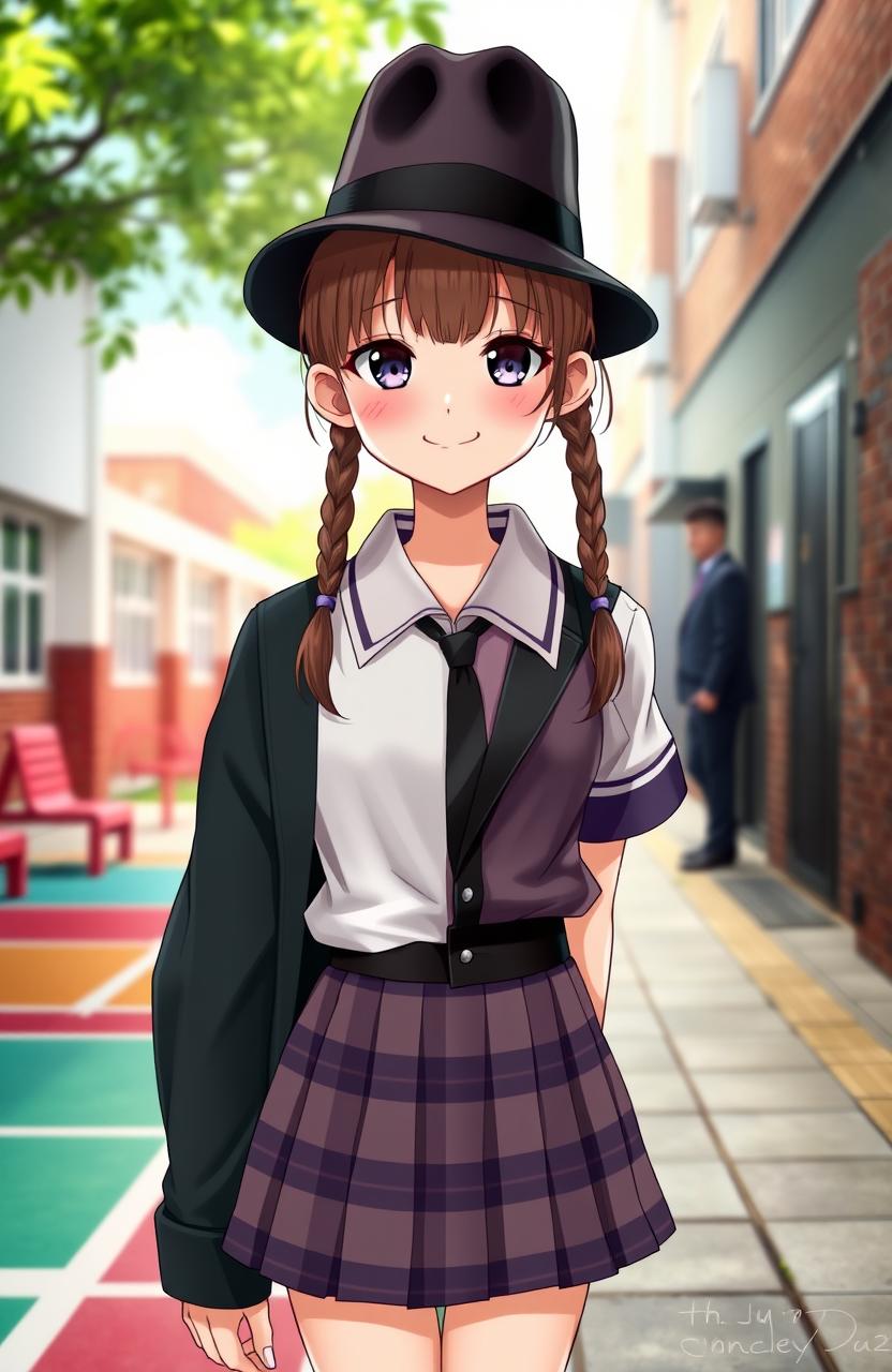 A girl split in half, with one side dressed as a schoolgirl complete with a plaid skirt and blouse, showcasing youthful innocence