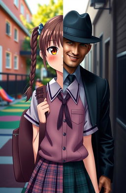 A girl split in half, with one side dressed as a schoolgirl complete with a plaid skirt and blouse, showcasing youthful innocence