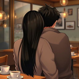 A realistic scene in a cozy cafe featuring a girl leaning on a guy's shoulder