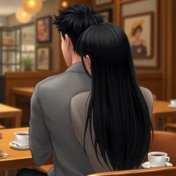 A realistic scene in a cozy cafe featuring a girl leaning on a guy's shoulder