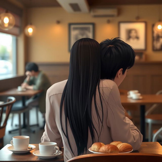 A realistic scene in a cozy cafe featuring a girl leaning on a guy's shoulder