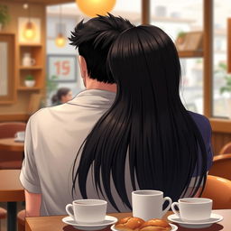 A realistic scene in a cozy cafe featuring a girl leaning on a guy's shoulder