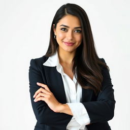 A confident young businesswoman with long dark hair, wearing an elegant black blazer and a white blouse, standing with a slight smile