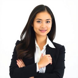 A confident young businesswoman with long dark hair, wearing an elegant black blazer and a white blouse, standing with a slight smile