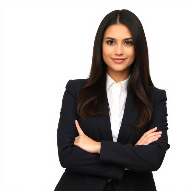 A confident young businesswoman with long dark hair, wearing an elegant black blazer and a white blouse, standing with a slight smile