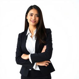 A confident young businesswoman with long dark hair, wearing an elegant black blazer and a white blouse, standing with a slight smile