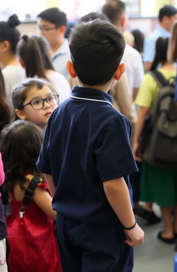 A young girl with glasses gazing intently at the back of a boy wearing a school uniform, set amidst a bustling crowd