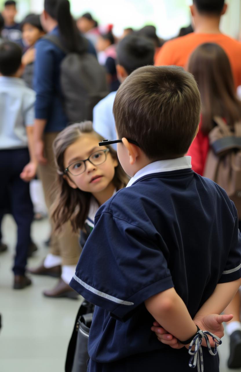 A young girl with glasses gazing intently at the back of a boy wearing a school uniform, set amidst a bustling crowd