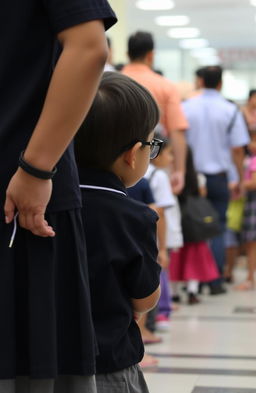 A young girl with glasses gazing intently at the back of a boy wearing a school uniform, set amidst a bustling crowd