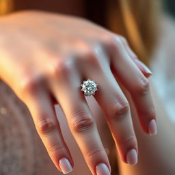 A close-up image of a woman's delicate hands with crystal-like, shimmering skin, showcasing an elegant engagement ring on her finger