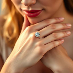 A close-up image of a woman's delicate hands with crystal-like, shimmering skin, showcasing an elegant engagement ring on her finger