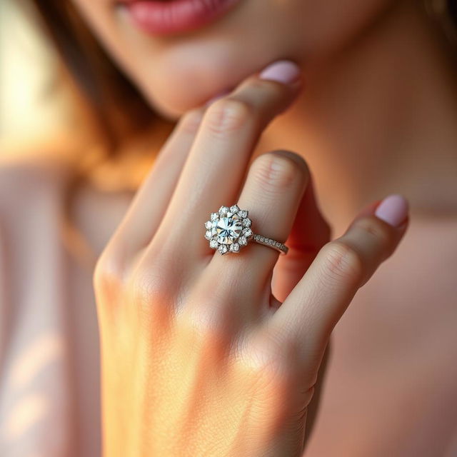 A close-up image of a woman's delicate hands with crystal-like, shimmering skin, showcasing an elegant engagement ring on her finger