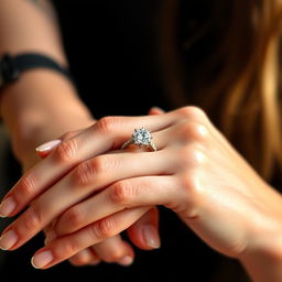 A close-up image of a woman's delicate hands with crystal-like, shimmering skin, showcasing an elegant engagement ring on her finger