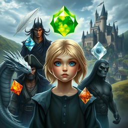 A young blonde girl with blue eyes, surrounded by five elements: a white feather, a water gem, a fire gem, a translucent gem, and an earth gem