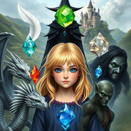 A young blonde girl with blue eyes, surrounded by five elements: a white feather, a water gem, a fire gem, a translucent gem, and an earth gem